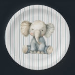 Little Peanut Elephant Blue Striping Baby Dusche Pappteller<br><div class="desc">Feiern Sie die Freude eines kleinen, unterwegs mit dieser charmanten Aquarell Babydusche Papiertüte. Mit einem weichen und süßen, wasserfarbenen Elefanten in gedämpften Tönen von staubblauer, grauer und staubiger Rose ist dieses wunderschön gewölbte Design mit einer sanften Aquarellwäsche für eine traumhafte Touch geschmückt. Dieses Design mit einem koordinierenden gestreiften Rücken in...</div>