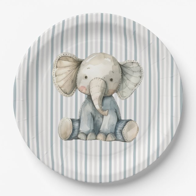 Little Peanut Elephant Blue Striping Baby Dusche Pappteller (Vorderseite)