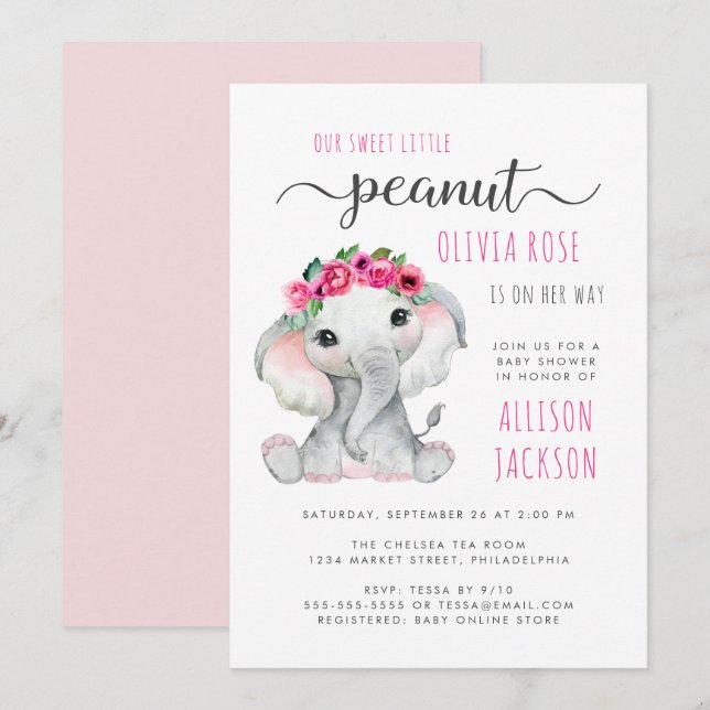 Little Peanut Elephant Watercolor Baby Dusche Einladung (Vorne/Hinten)