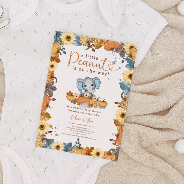 Little Peanut - Fall Elephant Pumpkin Baby Dusche Einladung (A Little Peanut is on the Way - Fall Elephant Pumpkin Baby Boy Shower Invitation)
