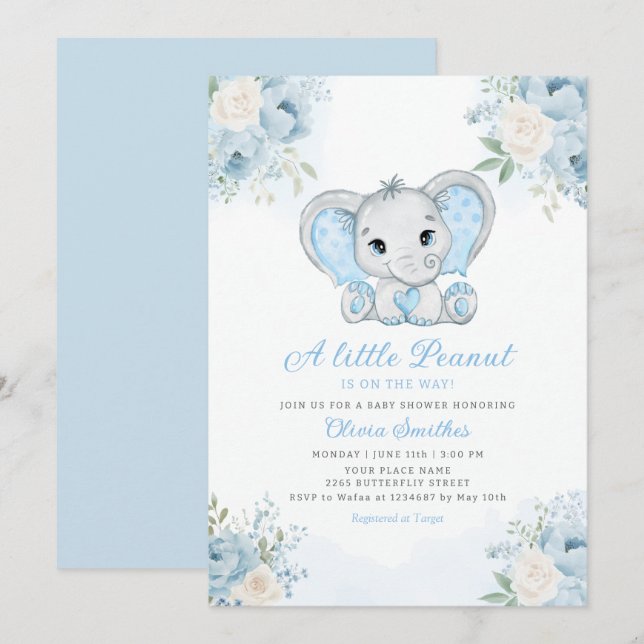 Little Peanut Watercolor Boy Elephant Baby Dusche Einladung (Vorne/Hinten)