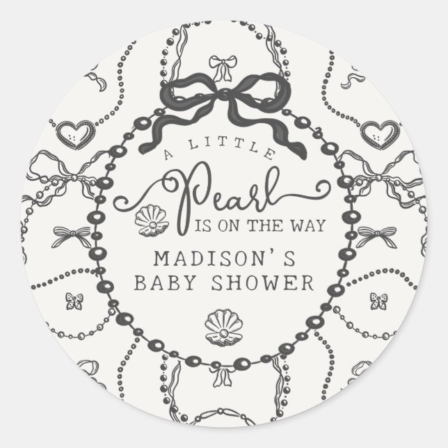 Little Pearl Black Coquette Bow Baby Dusche Gefall Runder Aufkleber (Vorderseite)