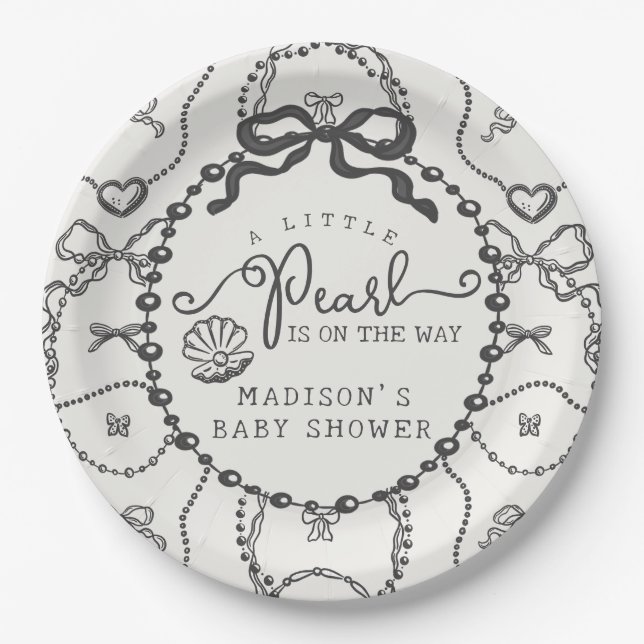Little Pearl Black Coquette Bow Baby Shower Plate Pappteller (Vorderseite)