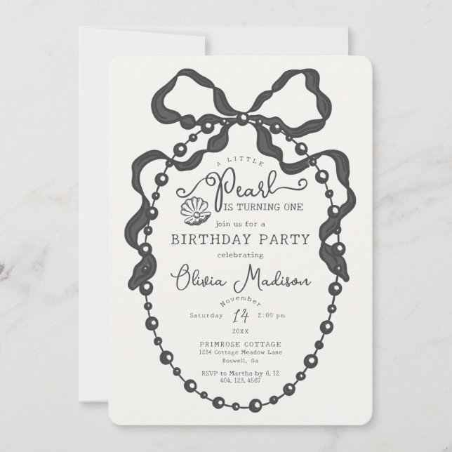 Little Pearl Black Coquette Bow Birthday Invite (Vorderseite)