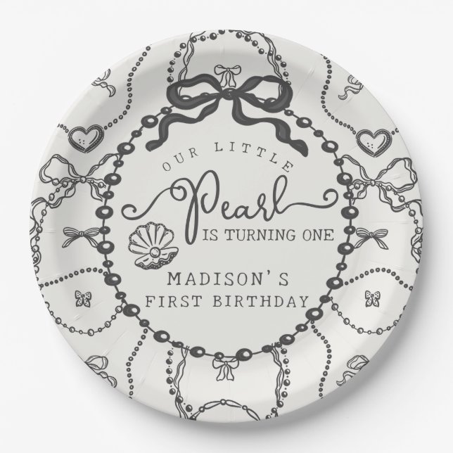 Little Pearl Black Coquette Bow Birthday Plate Pappteller (Vorderseite)