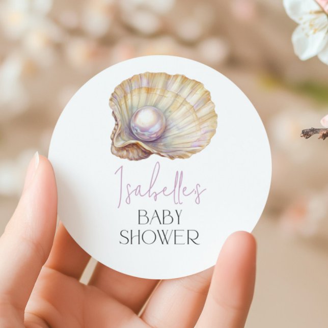 Little Pearl Ocean Oyster Beach Baby Dusche Runder Aufkleber (Von Creator hochgeladen)