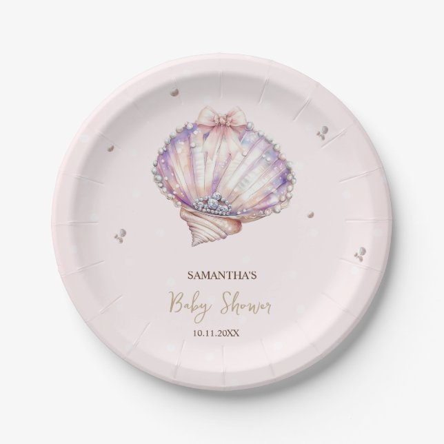 Little Pearl Seashells Diamonds Dots Baby Shower Pappteller (Vorderseite)