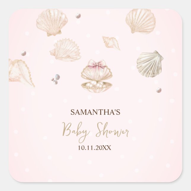 Little Pearl Seashells Dots Baby Shower Quadratischer Aufkleber (Vorderseite)