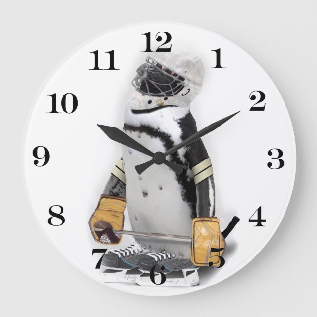 Little Penguin Wearing Hockey Gear Große Wanduhr (Vorderseite)