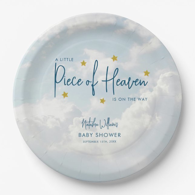 Little Piece of Heaven Sky Blue Baby Shower Pappteller (Vorderseite)