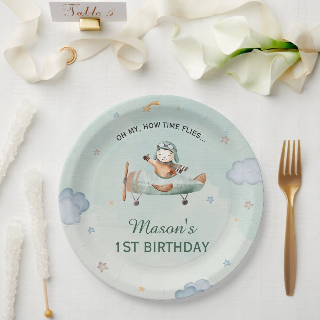 Little Pilot Green Sky 1st Birthday Airplane Party Pappteller (Hochzeit)