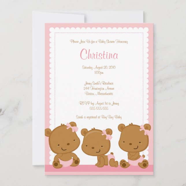 Little Pink Bears GIrl Babydusche Einladung (Vorderseite)