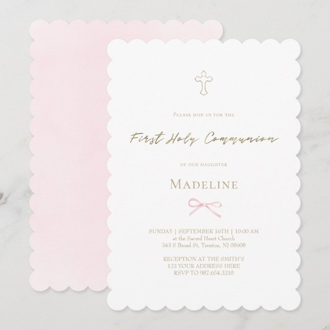 little pink bow First Holy Communion girl Einladung (Vorne/Hinten)