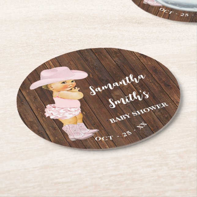 Little Pink Cowgirl Western Babydusche Runder Pappuntersetzer (Angewinkelt)