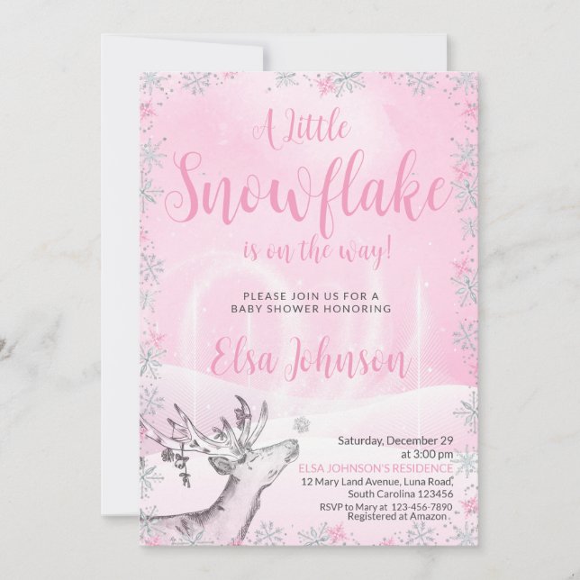Little Pink Snowflake Girl Babydusche Einladung (Vorderseite)
