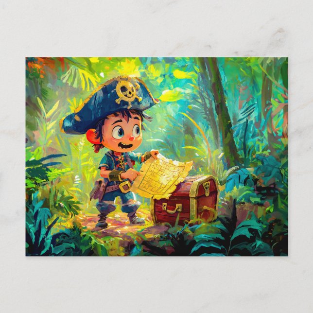 Little Pirate mit Schatzkarte und Brust Postkarte (Vorderseite)