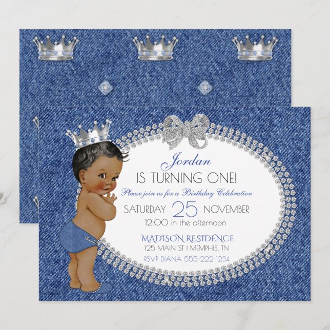 Little Prince African American Denim & Diamonds Einladung (Vorne/Hinten)