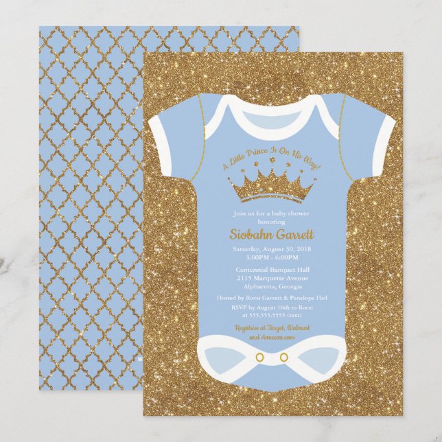 Little Prince Baby Blue & Royal Gold Baby Dusche Einladung (Vorne/Hinten)