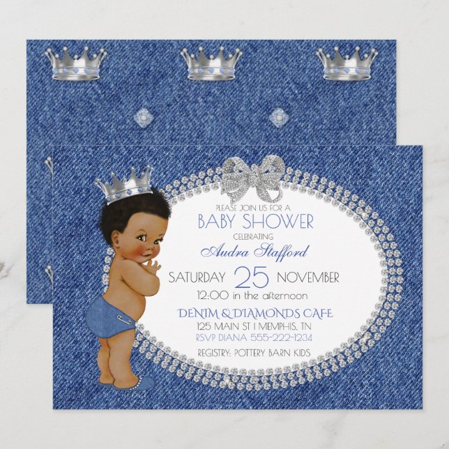 Little Prince Baby Boy Denim & Diamonds Einladung (Vorne/Hinten)
