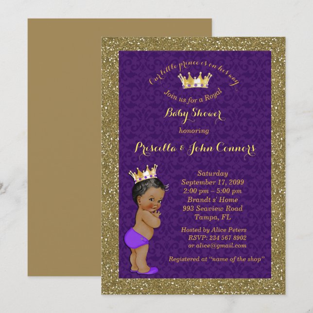 Little Prince Baby Dusche Einladung, Gold, lila Einladung (Vorne/Hinten)