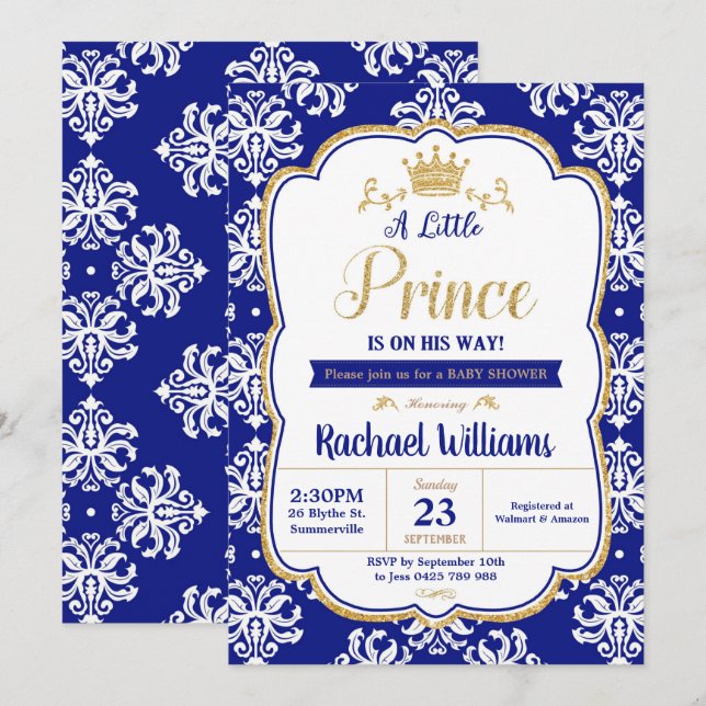 Little Prince Baby Dusche Royal Blue Damask Boy Einladung (Vorne/Hinten)