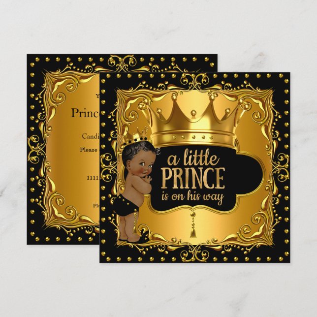 Little Prince Baby Duwer Gold Foil Crown Ethnic Einladung (Vorne/Hinten)