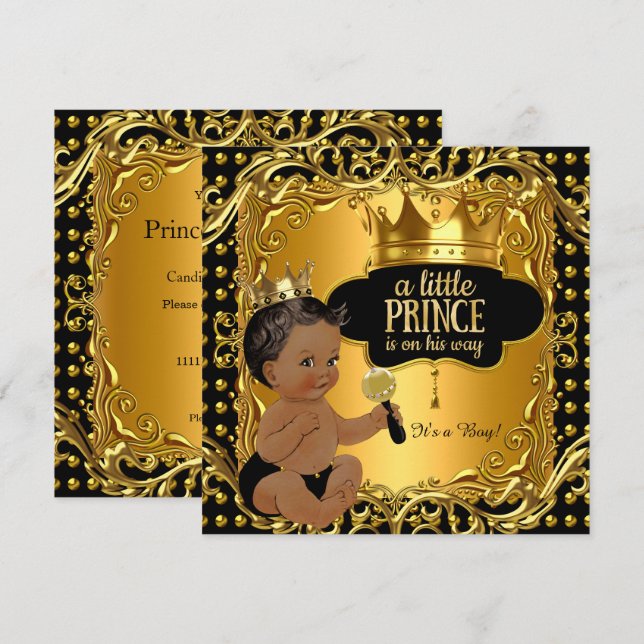 Little Prince Baby Duwer Gold Rattle Ethnic Einladung (Vorne/Hinten)