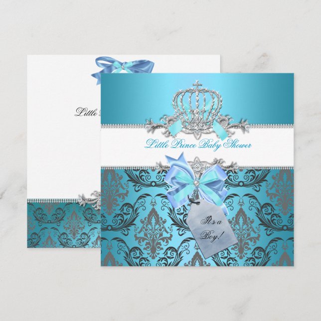 Little Prince Baby Shower Boy Aquamarin Blue Crown Einladung (Vorne/Hinten)
