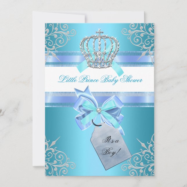Little Prince Baby Shower Boy Aquamarin Blue Crown Einladung (Vorderseite)
