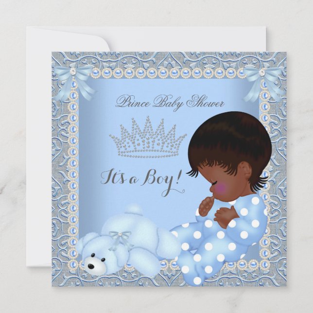 Little Prince Baby Shower Boy Blue Pearl Damask A2 Einladung (Vorderseite)