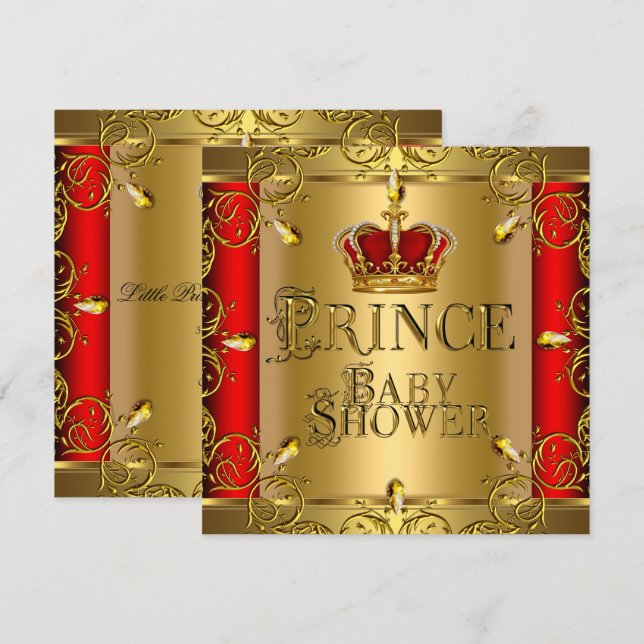 Little Prince Baby Shower Boy Regal Red Gold Crown Einladung (Vorne/Hinten)