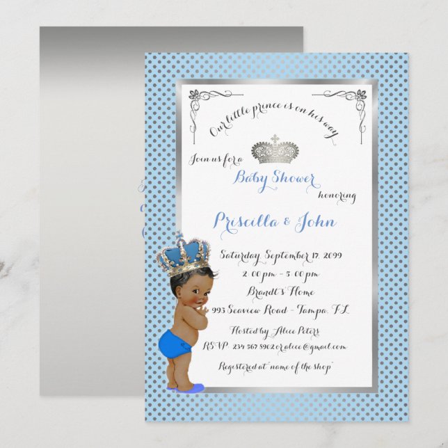 Little Prince Baby Shower Invitation, silber, blau Einladung (Vorne/Hinten)