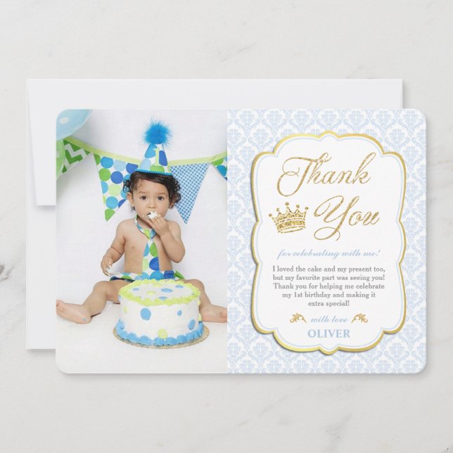 Little Prince Birthday Blue Damask Picture Dankeskarte (Vorderseite)
