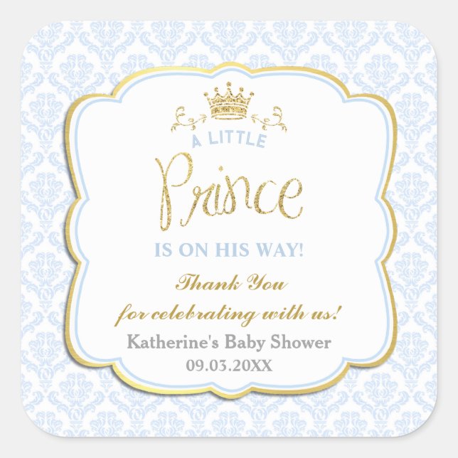 Little Prince Blue Damask Gold Crown Baby Dusche Quadratischer Aufkleber (Vorderseite)