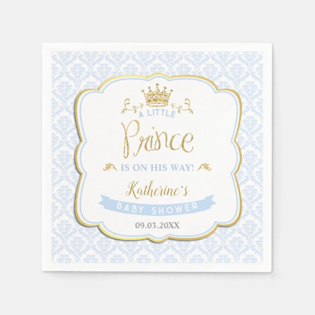 Little Prince Blue Damask Gold Crown Baby Dusche Serviette (Vorderseite)