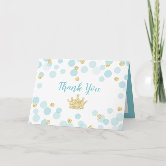 Little Prince Blue Gold Confetti Dots Baby Dusche Dankeskarte (Vorderseite)