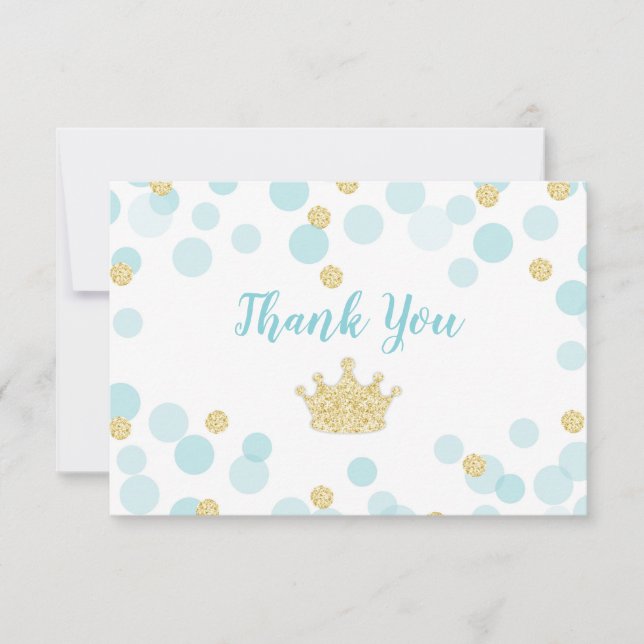 Little Prince Blue Gold Dots Baby Dusche Dankeskarte (Vorderseite)