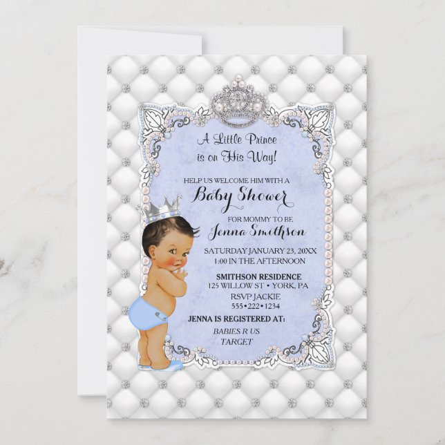 Little Prince Blue Pearls Diamonds Baby Boy Einladung (Vorderseite)
