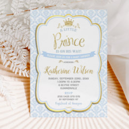 Little Prince Boy Baby Dusche Blue Damask Einladung