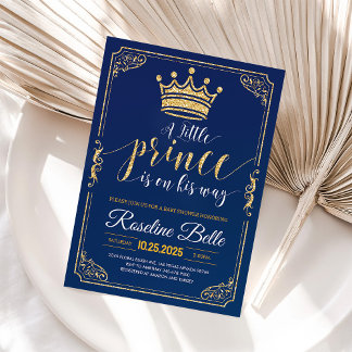 Little Prince Crown Navy and Gold Boy Baby Shower Einladung