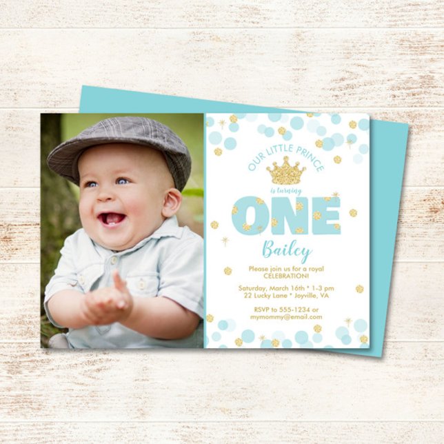 Little Prince First Birthday Blue Gold Foto Einladung (Von Creator hochgeladen)