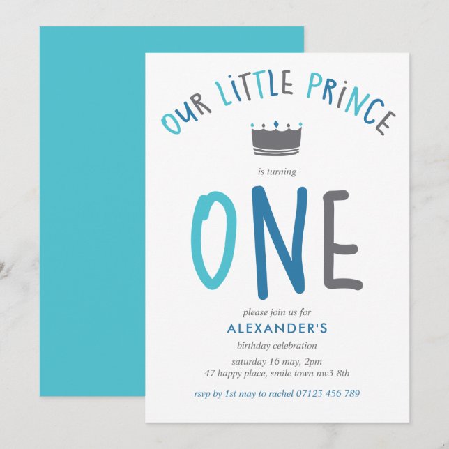Little Prince First Birthday Blue Party Einladung (Vorne/Hinten)