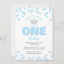 Little Prince First Birthday Light Blue Silver Einladung