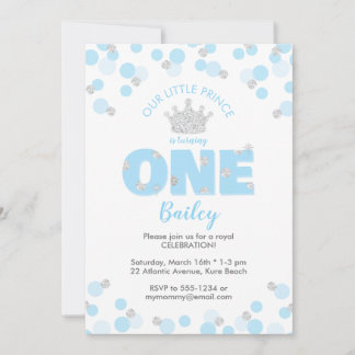 Little Prince First Birthday Light Blue Silver Einladung