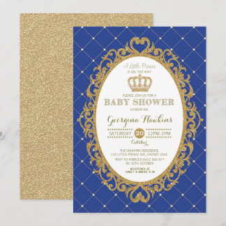 Little Prince Royal Blue Gold Baby Dusche laden ei Einladung