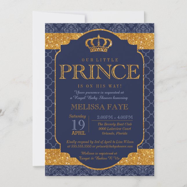 Little Prince Royal Navy Blue Gold Baby Dusche Einladung (Vorderseite)