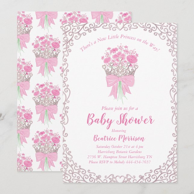Little Princess Baby Girl Dusche Silberkrone Einladung (Vorne/Hinten)