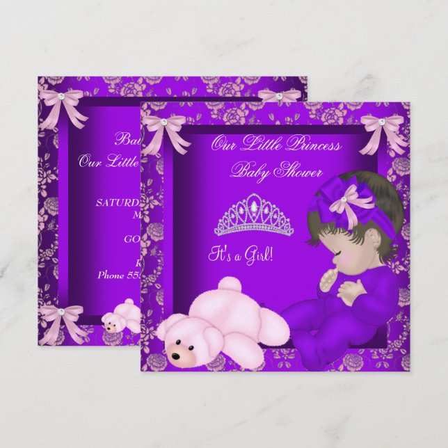 Little Princess Baby Shower Girl Lila Damask Einladung (Vorne/Hinten)