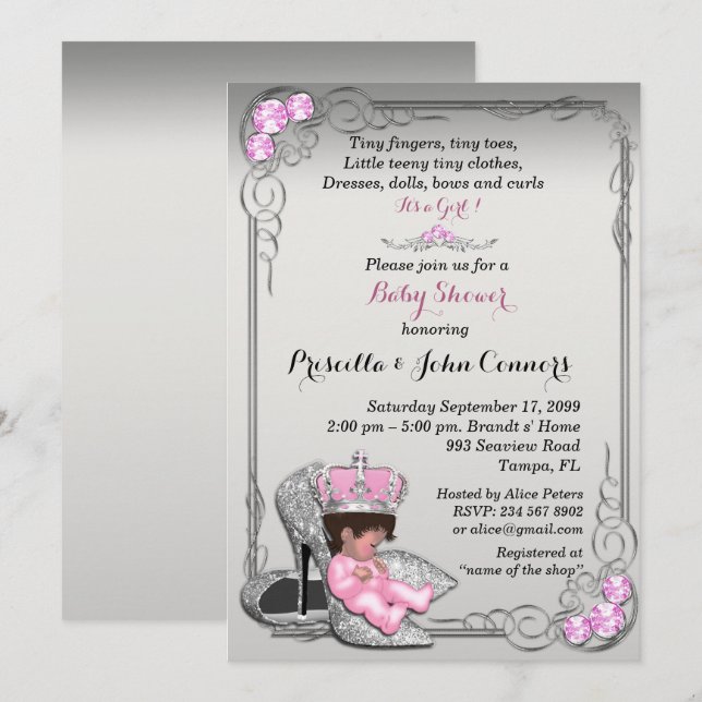 Little Princess Baby Shower Invitation, Silber Einladung (Vorne/Hinten)