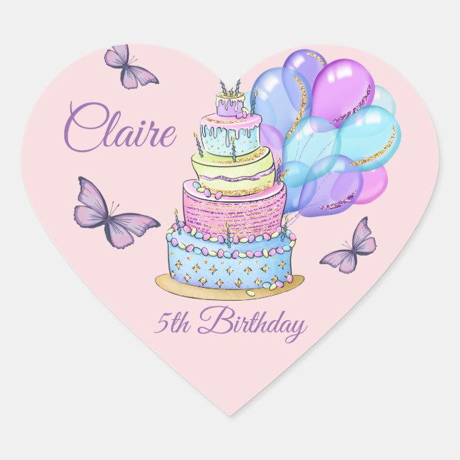 Little Princess Birthday Cake Balloons Schmetterli Herz-Aufkleber (Vorderseite)